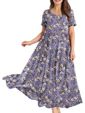 Women's Purple Crew Neck Classic Short Sleeve Pull On Floral Maxi Dresses